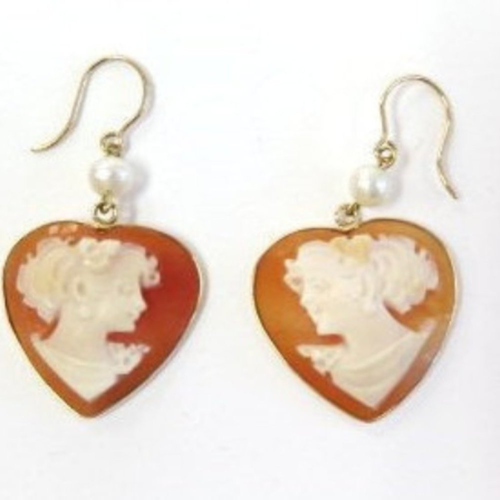 1960s Heart Shaped Shell Cameo Earrings / 14k